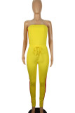 Yellow Casual Patchwork Draw String Contrast Strapless Regular Jumpsuits