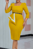Amarelo elegante listrado patchwork contraste gola quadrada vestidos de saia lápis (inclui um cinto)