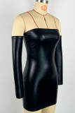 ブラック セクシー ソリッド パッチワーク ストラップレス ラップ スカート ドレス (カフスボタン)