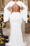 White Sexy Elegant Solid Hollowed Out Patchwork Backless V Neck Evening Dress Dresses