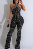 White Elegant Hollowed Out Patchwork Buttons Hot Drill Halter Regular Jumpsuits