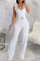 Weiße, sexy, einfarbige Patchwork-Overalls mit asymmetrischem Kragen und Gürtel
