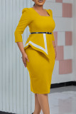 Amarelo elegante listrado patchwork contraste gola quadrada vestidos de saia lápis (inclui um cinto)