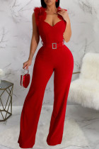 Rode sexy straat effen patchwork met riem asymmetrische kraag normale jumpsuits