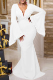 ホワイト セクシー エレガント ソリッド 中空アウト パッチワーク バックレス V ネック イブニング ドレス ドレス