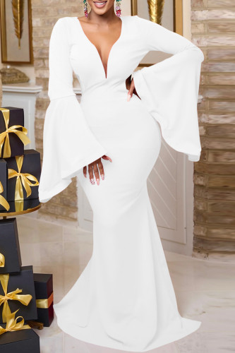 Robe de soirée blanche, Sexy, élégante, couleur unie, ajourée, dos nu, col en V, Patchwork