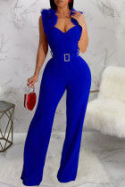 Blue Sexy Street Solid Patchwork With Belt Asymmetrical Collar Regular Jumpsuits
