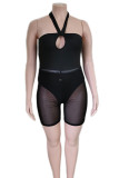 Black Sexy Solid Hollowed Out Patchwork See-through Halter Plus Size Two Pieces
