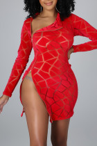 Rode sexy geometrische patchwork rits rits kraag schede jurken