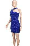 ブルー セクシー ソリッド スパンコール パッチワーク ボタン バックレス ジッパー ホルター ラップ スカート ドレス