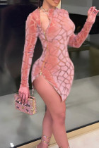ピンクのセクシーな幾何学的なパッチワーク ジッパー ジッパー カラー シース ドレス
