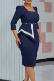 Deep Blue Elegant Striped Patchwork Contrast Square Collar Pencil Skirt Dresses(Includes A Belt)