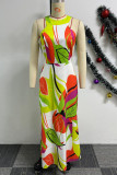 Orange Yellow Casual Daily Elegant Vacation Simplicity Mixed Printing Printing Contrast Halter Dresses