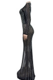 Черные сексуальные лоскутные сетчатые платья с длинными рукавами и круглым вырезом