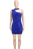 Blue Sexy Solid Sequins Patchwork Buttons Backless Zipper Halter Wrapped Skirt Dresses