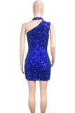 Blue Sexy Solid Sequins Patchwork Buttons Backless Zipper Halter Wrapped Skirt Dresses
