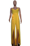 Yellow Casual Solid Patchwork High Opening Spaghetti Strap Loose Jumpsuits