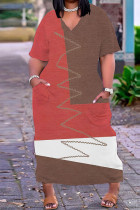 Red-brown Casual Print Basic V Neck Short Sleeve Dress Dresses