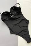 Roupas de banho pretas sexy sólidas vazadas sem costas (com enchimentos)