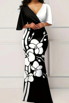 ブラック ホワイト エレガントな幾何学的なパッチワーク コントラスト V ネック ロング ドレス ドレス