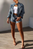 Black College Embroidered Patchwork Pocket Buttons Zipper O Neck Long Sleeve Two Pieces Cross Denim Jacket And Shorts Sets