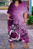 Light Purple Casual Print Basic V Neck Short Sleeve Dress Dresses