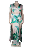 Green Sexy Print Patchwork Slit V Neck Plus Size Two Pieces