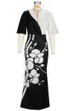 Zwart witte elegante geometrische patchwork contrasterende V-hals lange jurkjurken