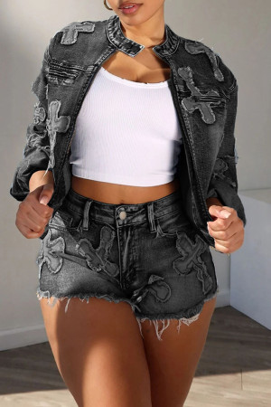 Black College Embroidered Patchwork Pocket Buttons Zipper O Neck Long Sleeve Two Pieces Cross Denim Jacket And Shorts Sets