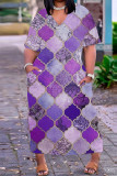 Paarse casual print basic jurk met V-hals en korte mouwen