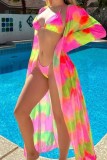 Rosa-gelber sexy bedruckter Bandage-Badeanzug, dreiteiliges Set (mit Polsterung)