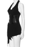 Black Sexy Solid Bandage Patchwork Backless Halter Irregular Dress Dresses
