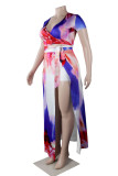 Red Blue Sexy Print Patchwork Slit V Neck Plus Size Two Pieces
