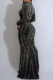 Elegantes, durchsichtiges Patchwork-Kleid in Aprikose mit heißem Drill-Reißverschluss und halbem Rollkragen