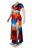 Red Blue Sexy Print Patchwork Slit V Neck Plus Size Two Pieces