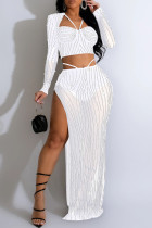 White Elegant Patchwork High Opening Mesh Hot Drill Zipper Asymmetrical Collar Long Sleeve Two Pieces