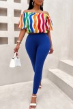 Colour Casual Print Basic Off the Shoulder Short Sleeve Two Pieces