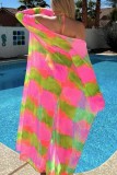 Rosa-gelber sexy bedruckter Bandage-Badeanzug, dreiteiliges Set (mit Polsterung)
