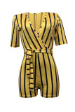 Yellow Casual Striped Bandage Patchwork V Neck Skinny Rompers