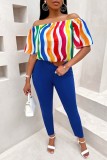 Colour Casual Print Basic Off the Shoulder Short Sleeve Two Pieces