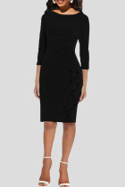 Black Elegant Solid Patchwork Flounce Zipper O Neck Long Sleeve Dresses