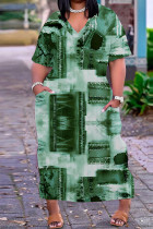 Vestidos verdes casuais estampados básicos com decote em V e manga curta