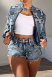 Black College Embroidered Patchwork Pocket Buttons Zipper O Neck Long Sleeve Two Pieces Cross Denim Jacket And Shorts Sets