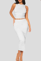 White Casual Solid Patchwork O Neck Sleeveless Two Pieces