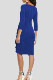 ブルーのエレガントなソリッドパッチワークフラウンスジッパーOネック長袖ドレス