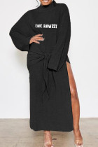 Zwarte casual print bandage patchwork hoge opening halve col lange jurk jurken