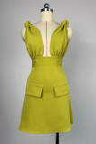 Fluorescent Green Sweet Solid Patchwork V Neck A Line Dresses