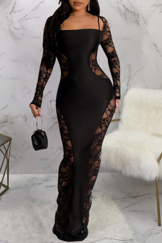 Black Sexy Patchwork Lace Patchwork Halter Long Dress Dresses