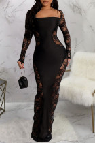Черное сексуальное лоскутное кружевное лоскутное длинное платье с лямкой на шее