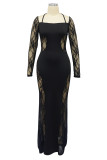 Черное сексуальное лоскутное кружевное лоскутное длинное платье с лямкой на шее